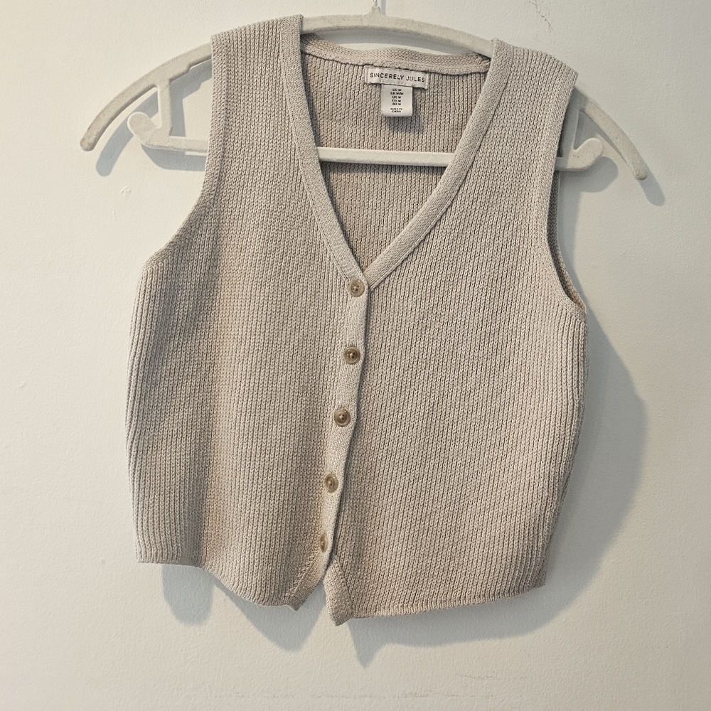 Sincerely Jules Ribbed Knit Button Front Tank Vest Medium Beige Boho - Picture 2 of 4